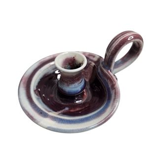 Handmade Studio Pottery Artist Signed Candle Stick Holder Sculpted Purple 